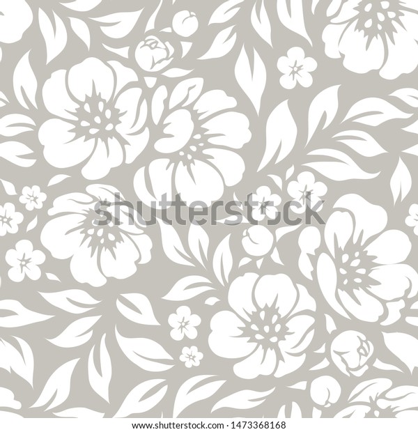 \
Seamless vector floral wallpaper. Decorative\
vintage pattern with flowers and twigs. White peony silhouette on\
gray background