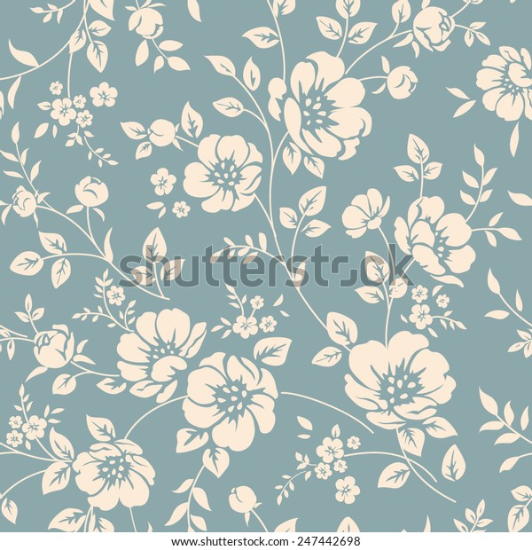 無縫矢量花卉壁紙 經典風格的裝飾復古圖案與鮮花和樹枝 藍色背景白色牡丹輪廓的雙色裝飾庫存向量圖 免版稅