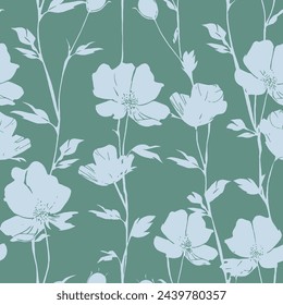 Fondo de pantalla floral vectorial sin costuras.  Patrón vintage en estilo clásico con flores y ramitas. Adorno de dos tonos con silueta de flores silvestres sobre fondo pastel