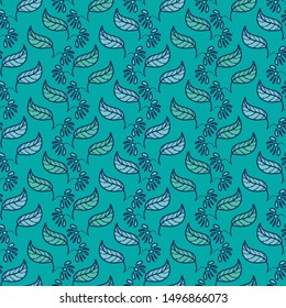 A seamless vector floral wavy striped vertical pattern in teal color. Surface print design.