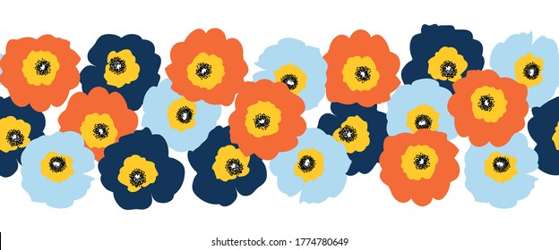 Seamless vector flower border red orange and blue flowers. Repeating floral pattern Scandinavian style. Poppy flowers. Use for fabric trim, ribbons, summer decor