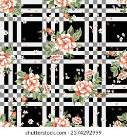 seamless vector flower with checks design pattern on black background