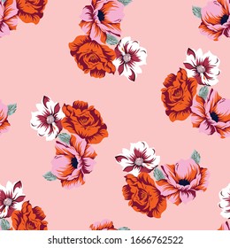 seamless vector flower design pattern on pink background