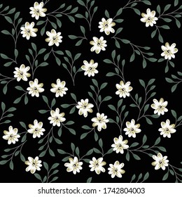 Seamless vector flower with leaf and flower design pattern on black background