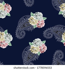 seamless vector flower with paisley design on navy  background 