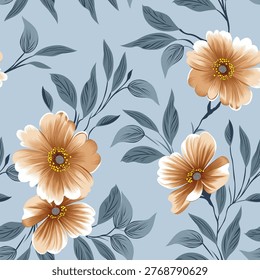 seamless vector flower pattern and leaves on blue background
