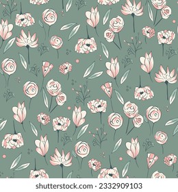 seamless vector flower pattern on green background