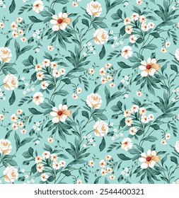 seamless vector flower pattern on green background