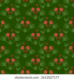 seamless vector flower pattern on green background,  Fun hippie texture for surface design, Abstract flower blooming design