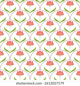 seamless vector flower pattern on green background,  Fun hippie texture for surface design, Abstract flower blooming design
