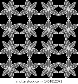 Seamless vector flower pattern. Outline drawing of colors. Mesh ornament. Dark background. For design and decoration of fabric, paper, Wallpaper and packaging.