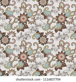 Seamless vector flower pattern in pastel tones on the delicate grey background as a fabric texture