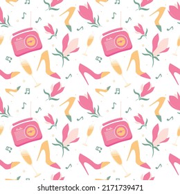 
Seamless vector flower pattern.  Pink flowers and retro radio. Summer shoe and champagne pattern for printing on textiles and packaging.