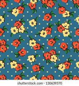 Seamless Vector flower pattern with polka dots.