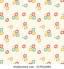 Seamless vector flower pattern. Retro floral pattern for fabric or clothing print. Green, red or yellow flowers. 