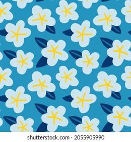 Seamless vector flower pattern with spring vibe. Light blue flowers with navy blue leaves on the blue background. Vector background, stylish pattern for textile, wrapping, wallpapers, etc.