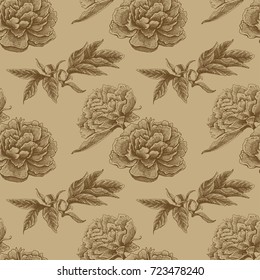 Seamless vector flower peony rose pattern with sketch flowers and leafs. Hand drawn image