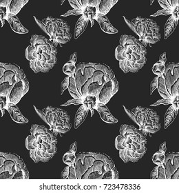 Patrón de rosa de peonía de flores de Vector sin costuras con boceto de flores y hojas. Imagen dibujada a mano