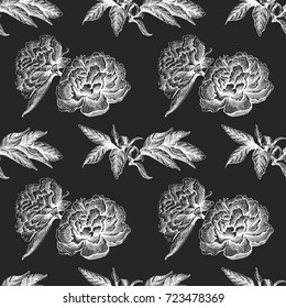 Seamless vector flower peony rose pattern with sketch flowers and leafs. Hand drawn image