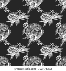 Seamless vector flower peony rose pattern with sketch flowers and leafs. Hand drawn image