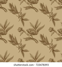 Seamless vector flower peony rose pattern with sketch flowers and leafs. Hand drawn image