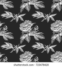 Seamless vector flower peony rose pattern with sketch flowers and leafs. Hand drawn image
