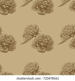 Seamless vector flower peony rose pattern with sketch flowers and leafs. Hand drawn image