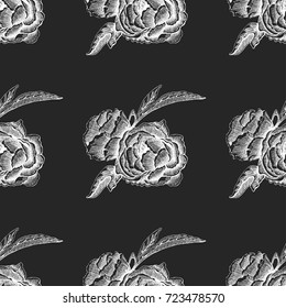 Seamless vector flower peony rose pattern with sketch flowers and leafs. Hand drawn image