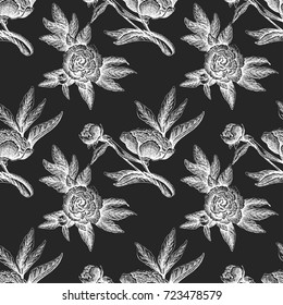 Seamless vector flower peony rose pattern with sketch flowers and leafs. Hand drawn image