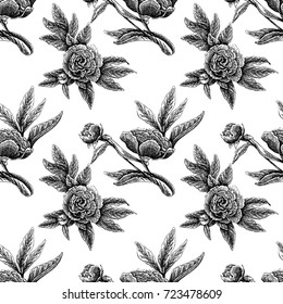 Seamless vector flower peony rose pattern with sketch flowers and leafs. Hand drawn image