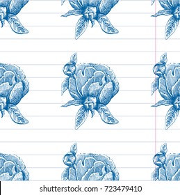 Seamless vector flower peony rose pattern with sketch flowers and leafs. Hand drawn image