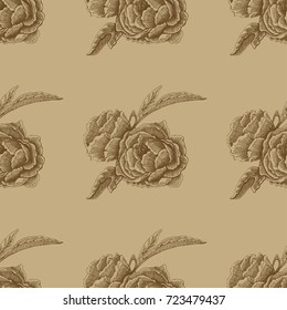 Seamless vector flower peony rose pattern with sketch flowers and leafs. Hand drawn image