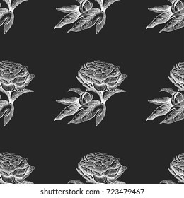 Seamless vector flower peony rose pattern with sketch flowers and leafs. Hand drawn image