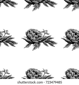 Seamless vector flower peony rose pattern with sketch flowers and leafs. Hand drawn image