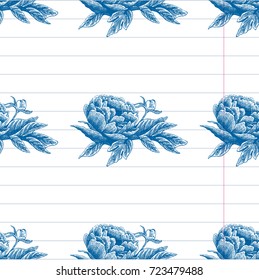 Seamless vector flower peony rose pattern with sketch flowers and leafs. Hand drawn image