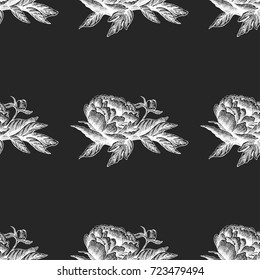 Seamless vector flower peony rose pattern with sketch flowers and leafs. Hand drawn image