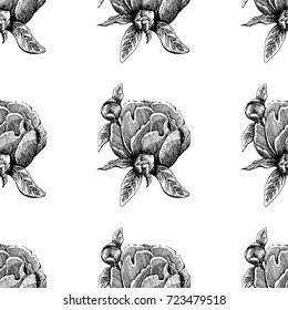 Seamless vector flower peony rose pattern with sketch flowers and leafs. Hand drawn image