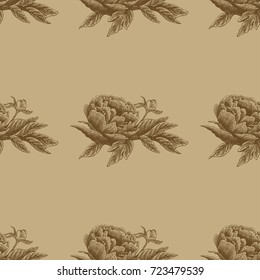 Seamless vector flower peony rose pattern with sketch flowers and leafs. Hand drawn image
