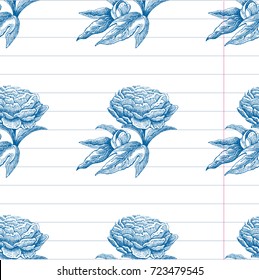 Seamless vector flower peony rose pattern with sketch flowers and leafs. Hand drawn image