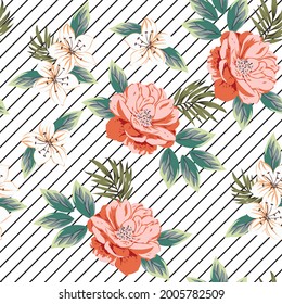 seamless vector flower with stripe design pattern on white background