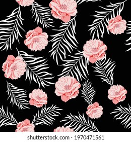 seamless vector flower with white lives design pattern on black background