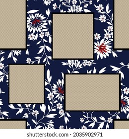 seamless vector flowers leaf with retro bandanna pattern on navy background