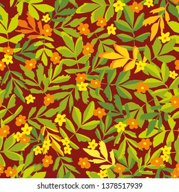 seamless vector flowers and leaves pattern in autumn yellow orange and green colors