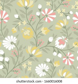 seamless vector flowers with leaves pattern on green background