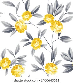 seamless vector flowers and leaves pattern on white background