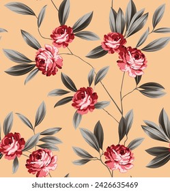 seamless vector flowers and leaves pattern on brown background