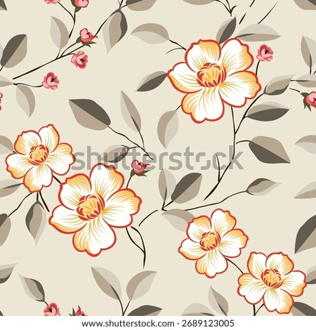 seamless vector flowers and leaves pattern on brown background