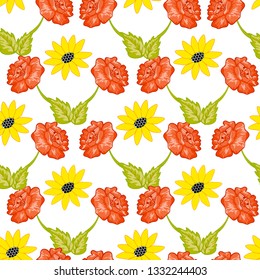 Seamless vector flowers on white background, roses and sunflowers