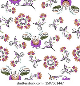 Seamless vector flowers on white background, roses and sunflowers