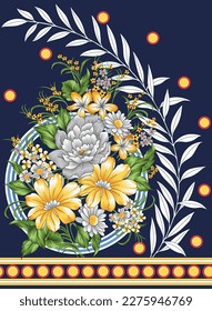 seamless vector flowers pattern and border pattern on navy background